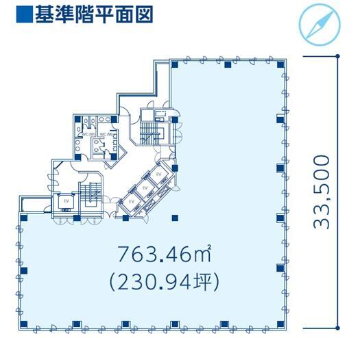 UD神谷町ビルの基準階平面図で、図面のタイトルは「基準階平面図」と示されている。フロア全体の寸法は縦が33,500、面積は763.46m²（230.94坪）と記載されている。フロア左上のコア部分にはEV、WC(M)、WC(W)、階段が配置されている。