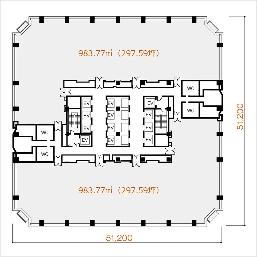 シーバンスN館の基準階平面図で、フロア全体の寸法は縦が51,200、横が51,200と示されている。面積は、中央のコアを挟んで983.77m²（297.59坪）の執務スペースが左右に分かれている。コア部分にはEVやWC、階段が配置されている。