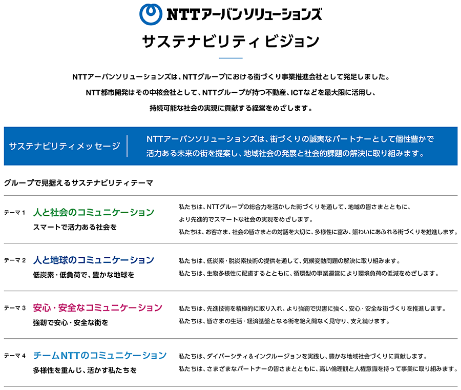 CSRメッセージ NTTアーバンソリューションズ、街づくりの誠実なパートナーとして個性豊かで活力ある未来の街を提案し、地域社会の発展と社会的課題に取り組みます。